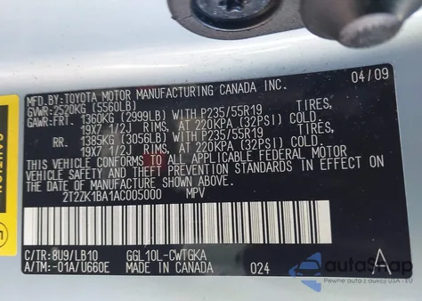 2010 Lexus Rx 350 z USA, uszkodzony, nr VIN 2T2ZK1BA1AC005000